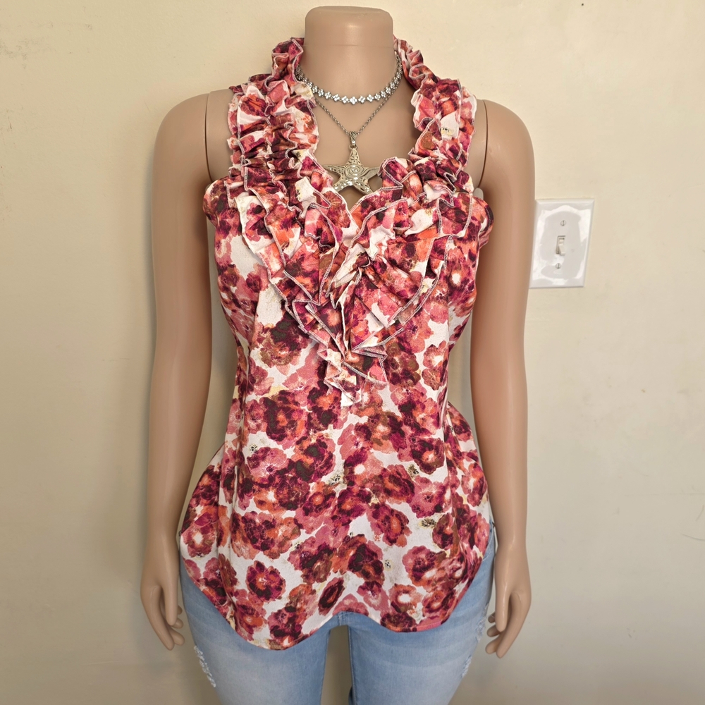 New York & Company Red Pink Floral Ruffled Sleeveless Top